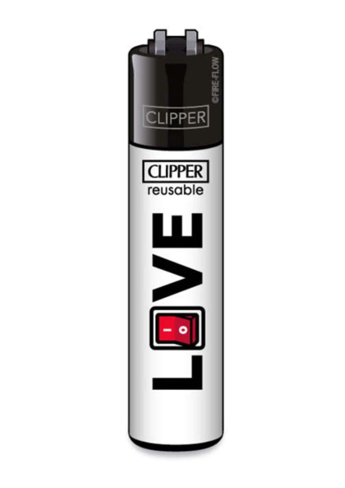 Silber schwarzes clipper feuerzeug nachfüllbar mit love schriftzug und rotem power button für gothic dark fashion fans